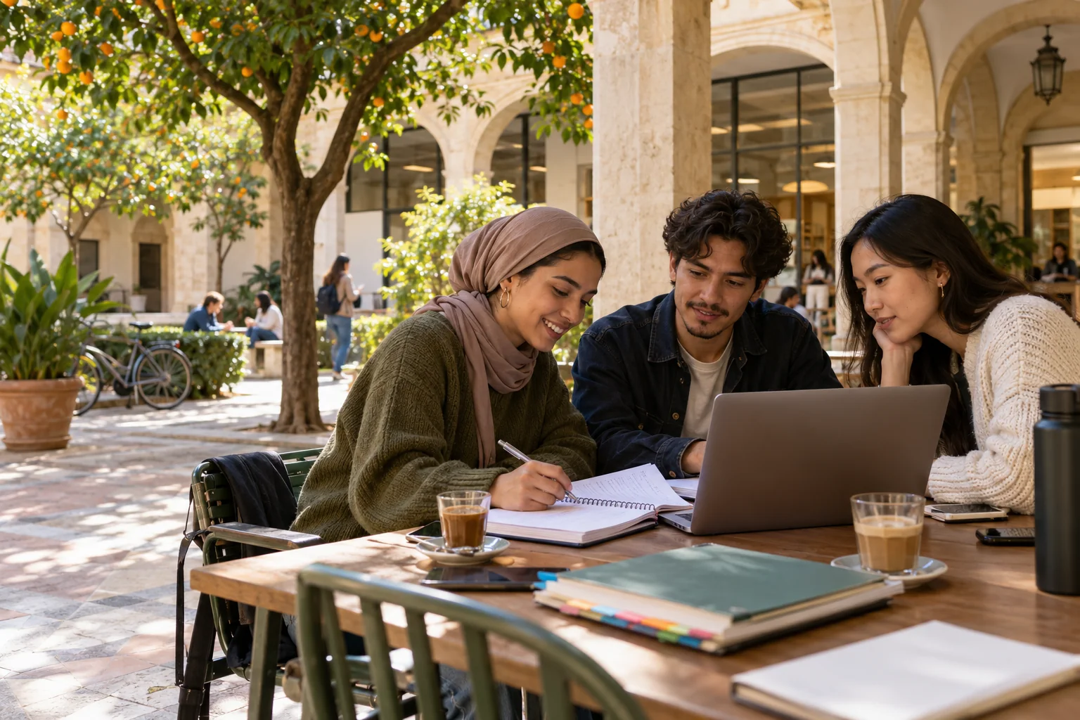 Estudiantes internacionales trabajando juntos en el patio de un campus en España